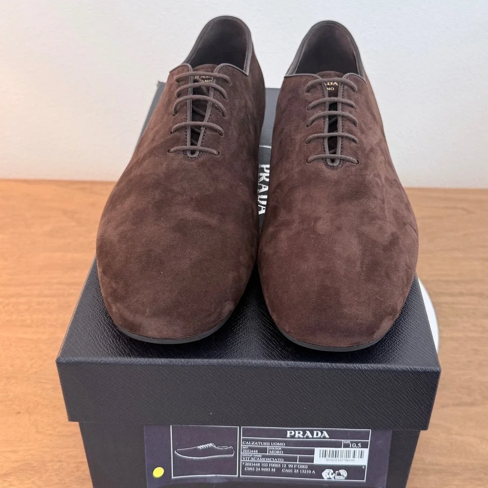 Prada Mens Vit.Scamosciato Suede Oxford Shoes Moro Brown 2EG448 Size 10.5